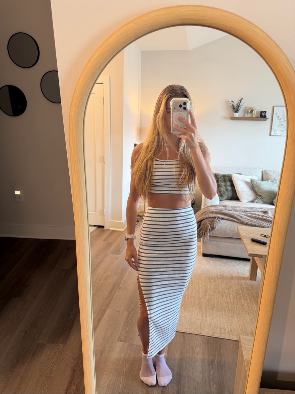 Striped White and Black Midi Pencil Skirt